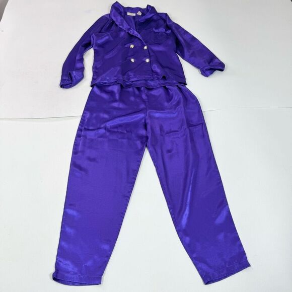 VTG Victorias Secret Pajama Pant Set Womens Small Purple Satin Double Breasted - Picture 1 of 12